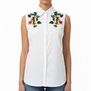 Athena Marie Embroidered Floral White Sleeveless Hidden Button Down Top S